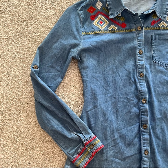 La Diosa Aztec Embroidered Denim Button-Up Long Sleeve Medium - Picture 5 of 11